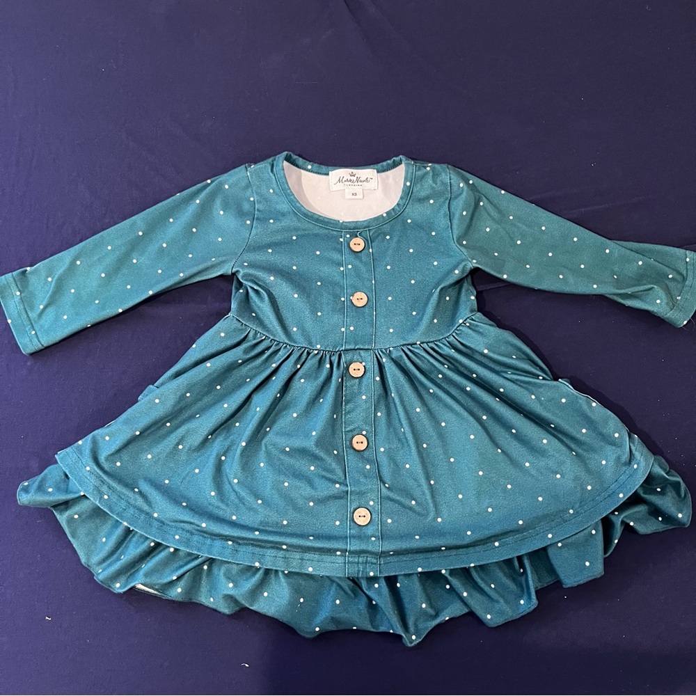 Marie Nicole Clothing Green Polka Dot Girls Twirl Dress with pockets xs